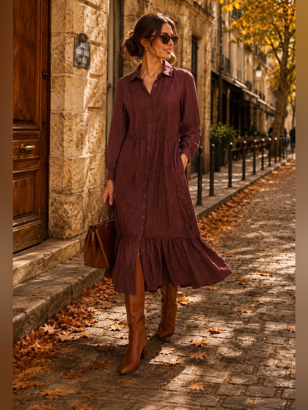 & Other Stories Paris Atelier Viscose Shirt Dress Brown Button Front Midi Size 4